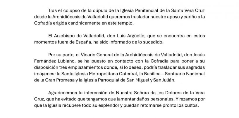 Comunicado de apoyo de la Archidiócesis de Valladolid a la Cofradía Penitencial de la Santa Vera Cruz