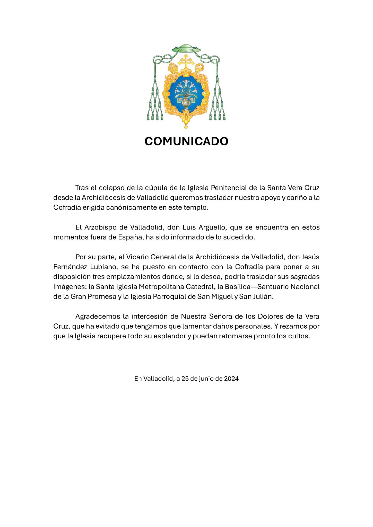 Comunicado de apoyo de la Archidiócesis de Valladolid a la Cofradía Penitencial de la Santa Vera Cruz tras el colapso de la cúpula de su Iglesia
