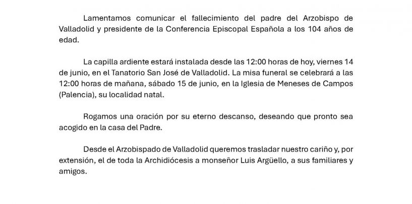 Comunicado sobre el fallecimiento del padre del Arzobispo de Valladolid