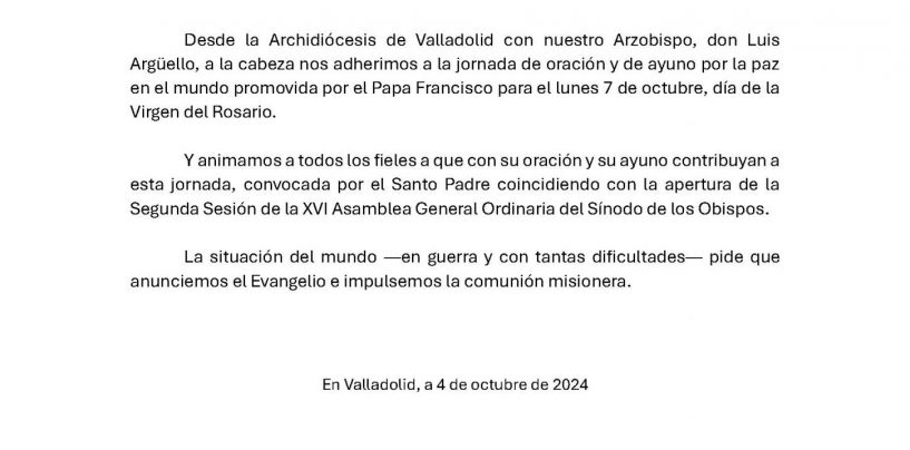 Comunicado sobre la jornada de oración y ayuno por la paz convocada por el Papa para el 7 de octubre de 2024