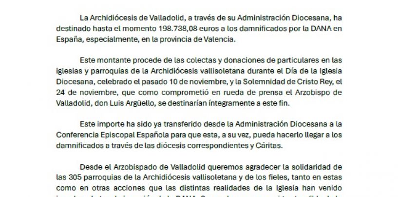 Comunicado sobre la ayuda destinada desde la Archidiócesis de Valladolid a los damnificados por la DANA en España